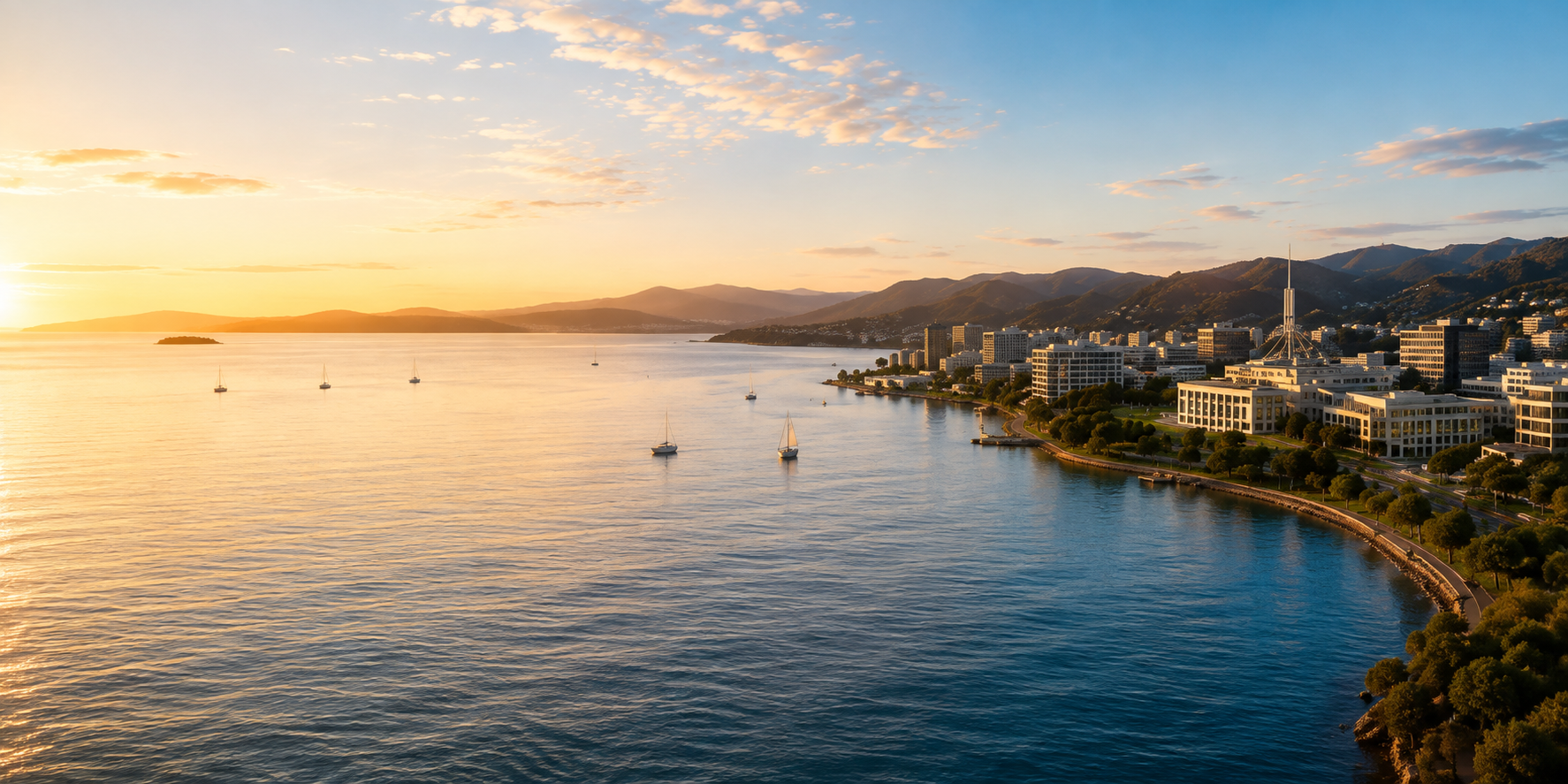 A sunrise view over a harbour city waterfront