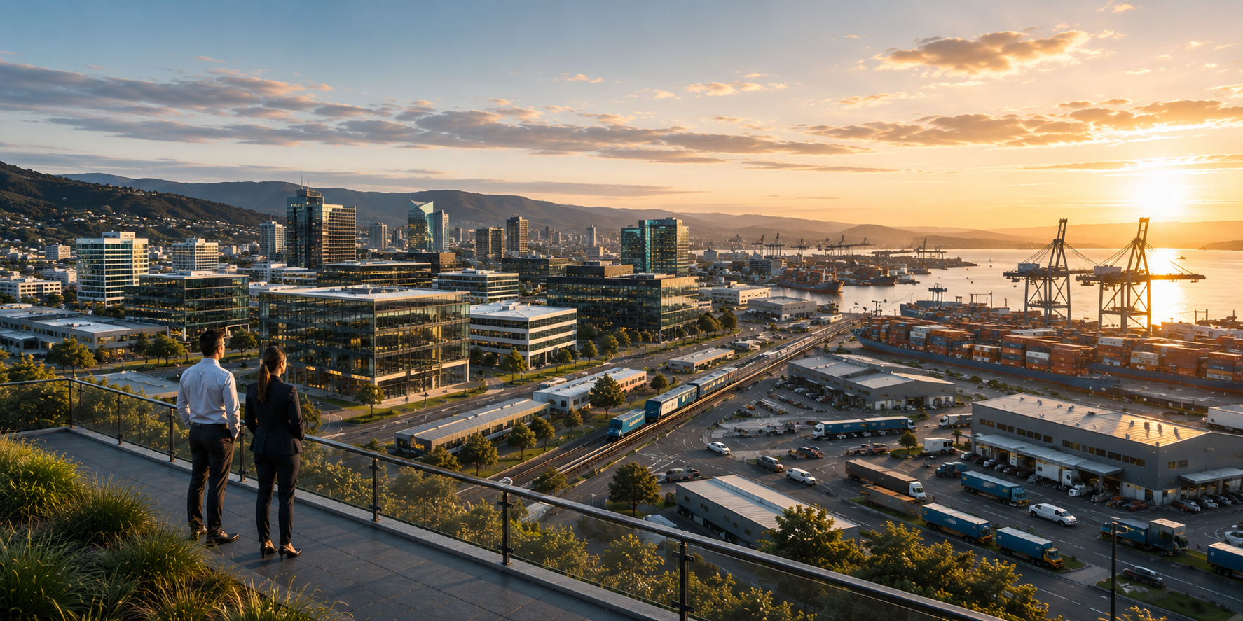 Two business leaders overlooking a city, port and harbour at sunset