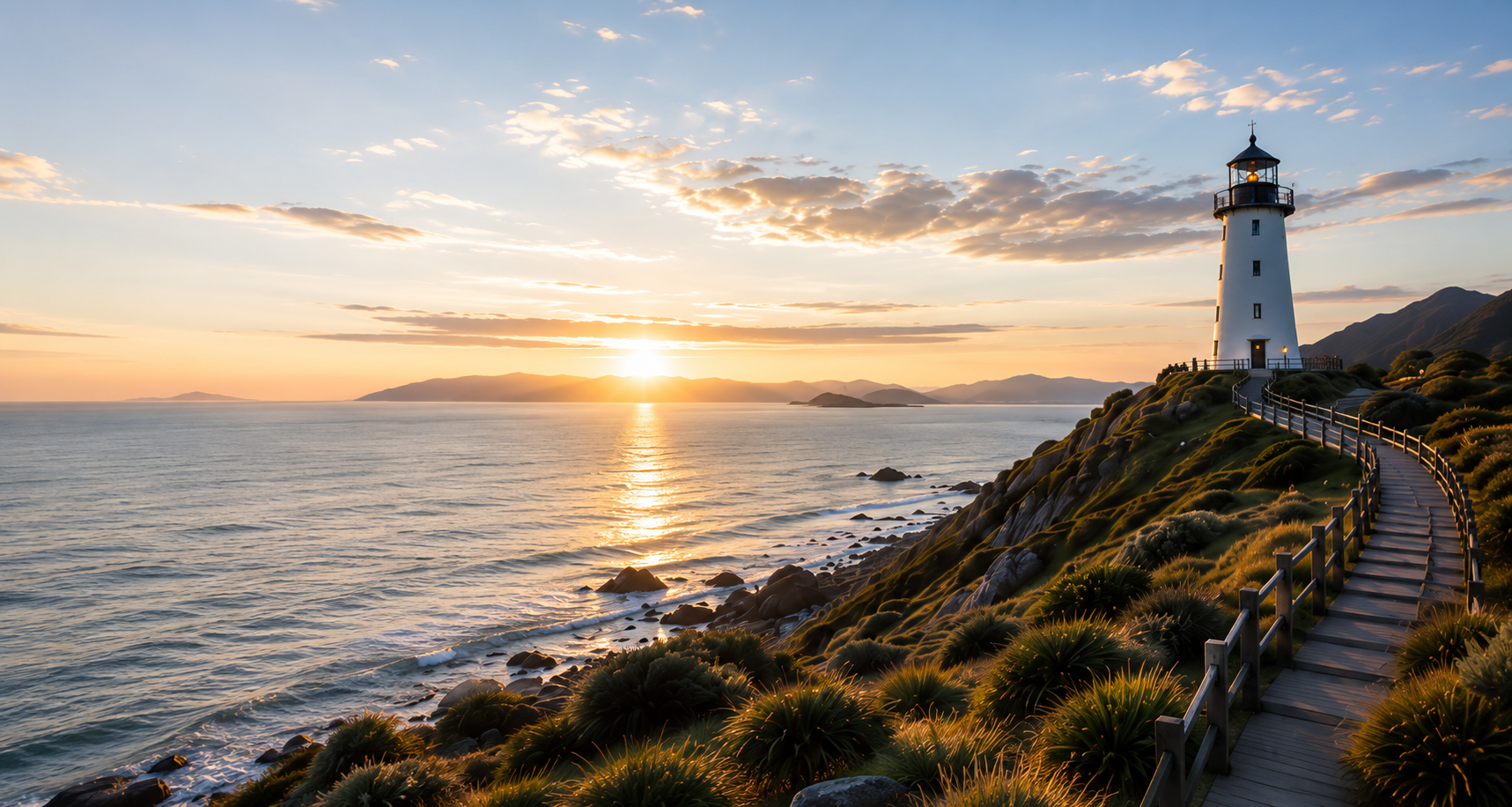 A coastal lighthouse above the open ocean at sunrise